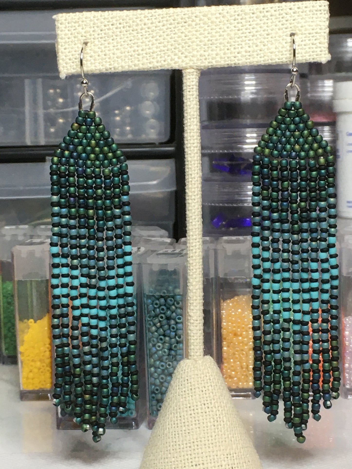 Beaded Earrings with fringe in teal and turquoise