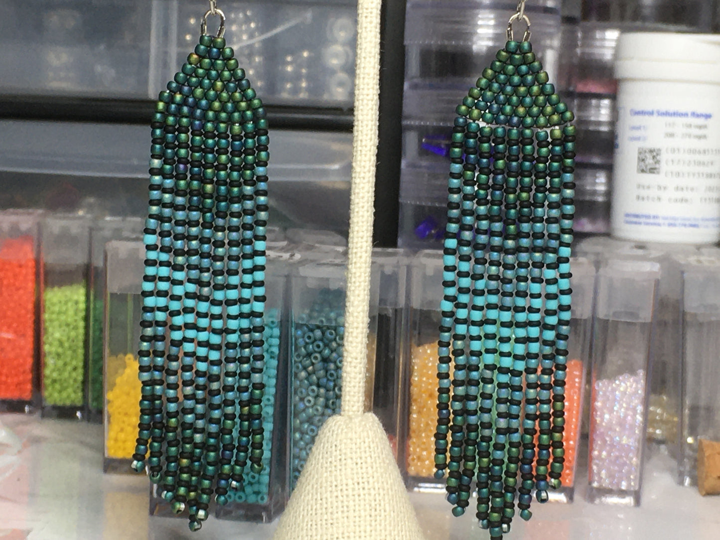 Beaded Earrings with fringe in teal and turquoise