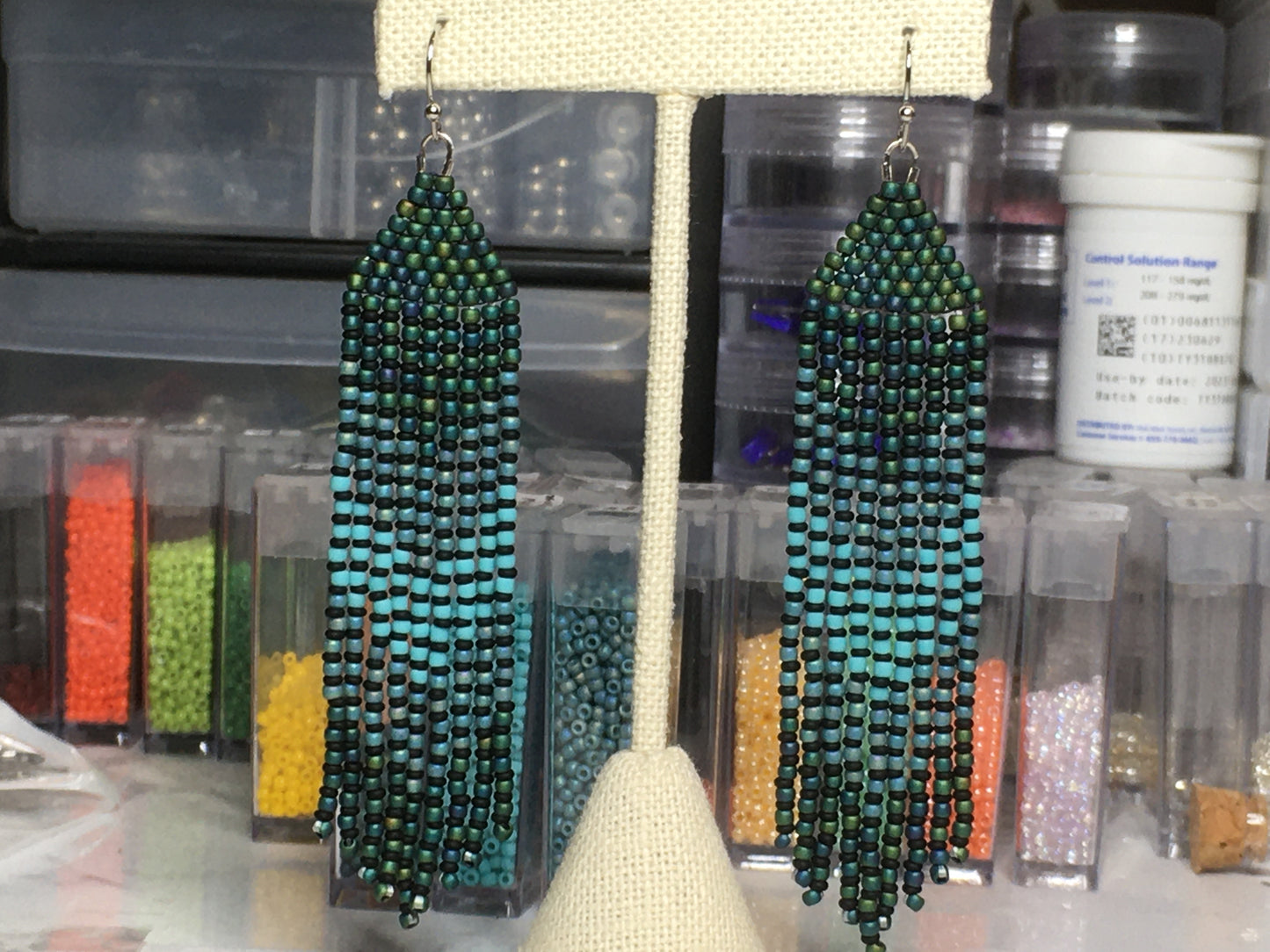 Beaded Earrings with fringe in teal and turquoise