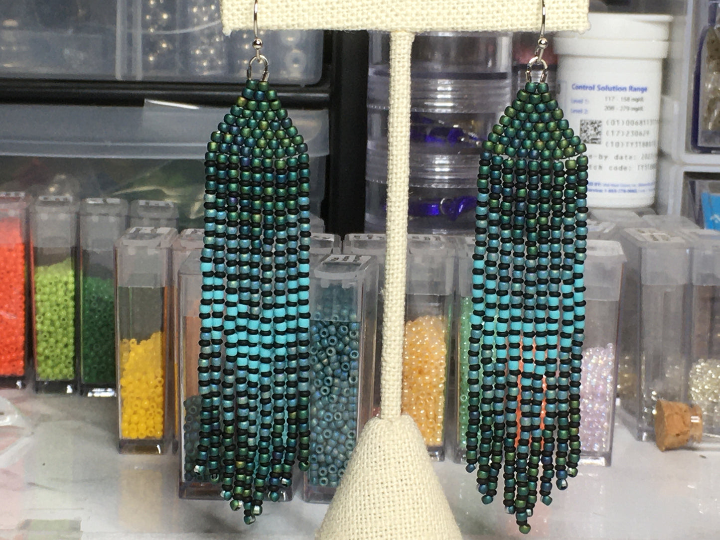 Beaded Earrings with fringe in teal and turquoise