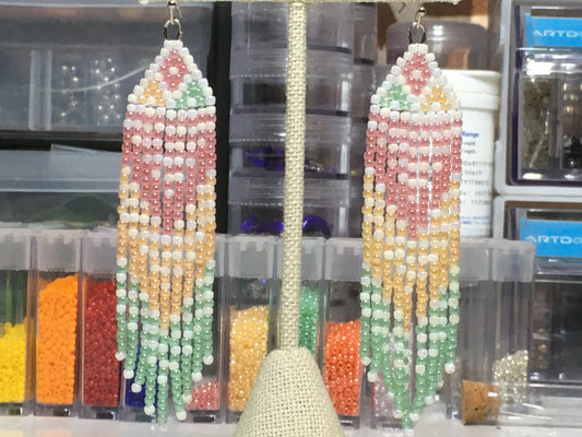 Beaded Earrings with fringe in rainbow white, pink, peach and green