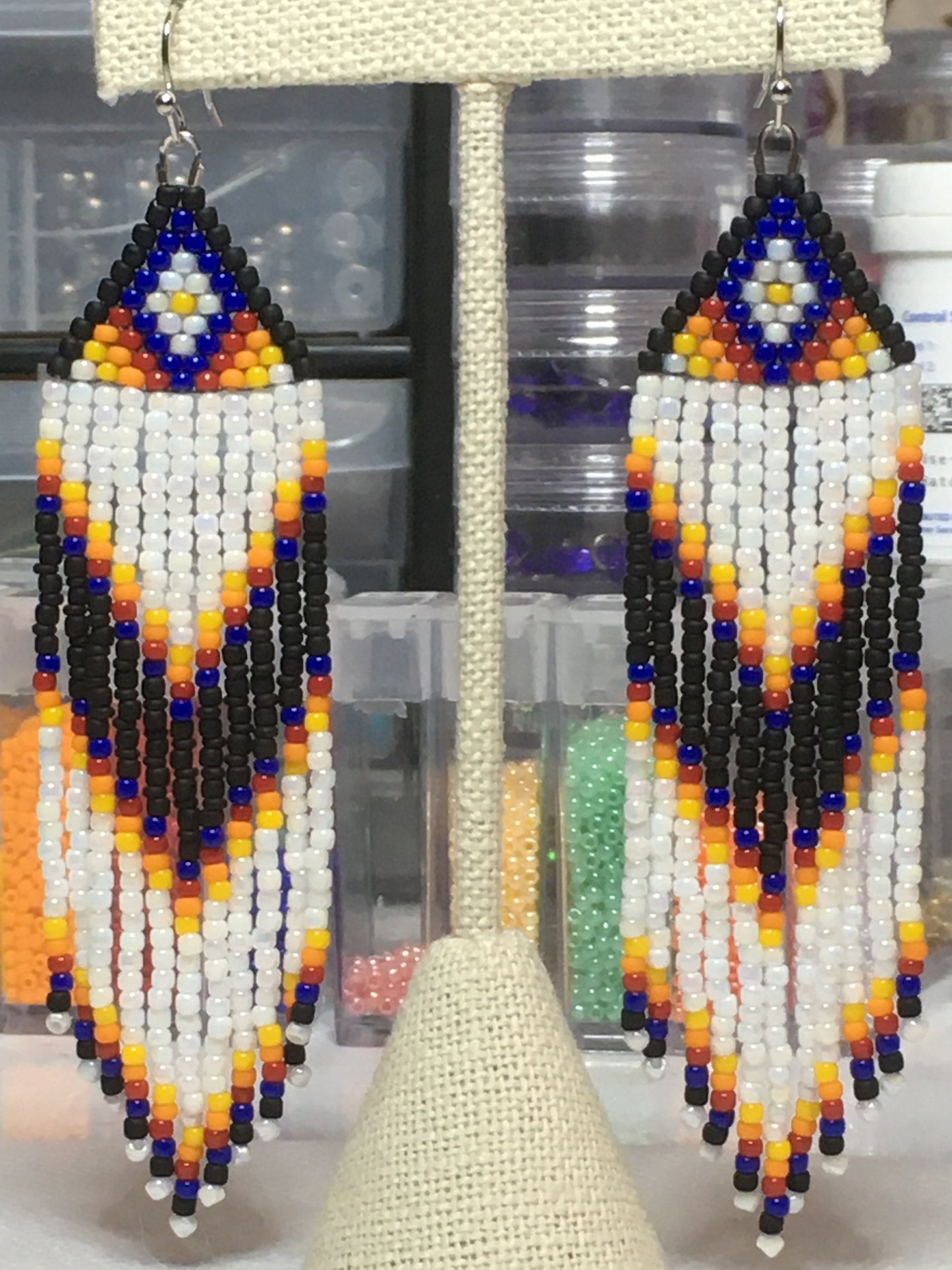 Beaded Earrings with fringe in rainbow white, black, blue, red, orange and yellow