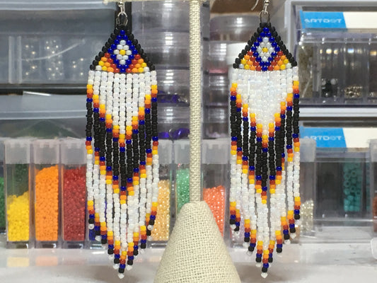 Beaded Earrings with fringe in rainbow white, black, blue, red, orange and yellow