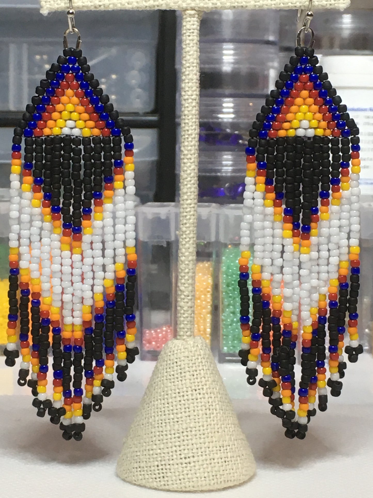 Beaded Earrings with fringe in white, black, blue, red, orange and yellow