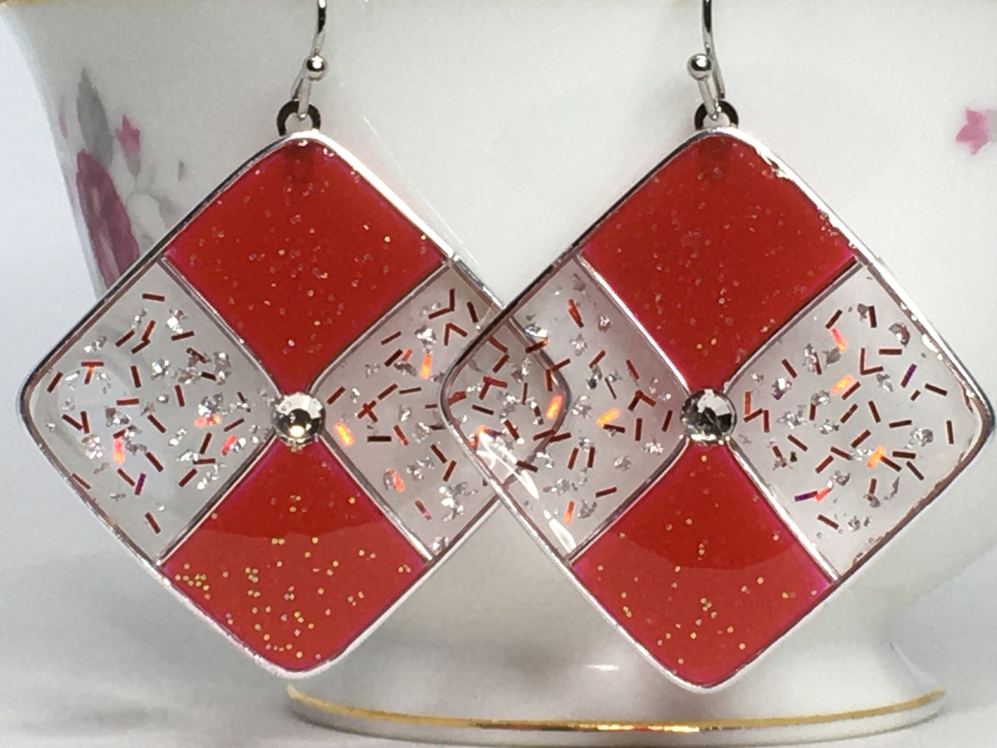 Red and silver resin earrings