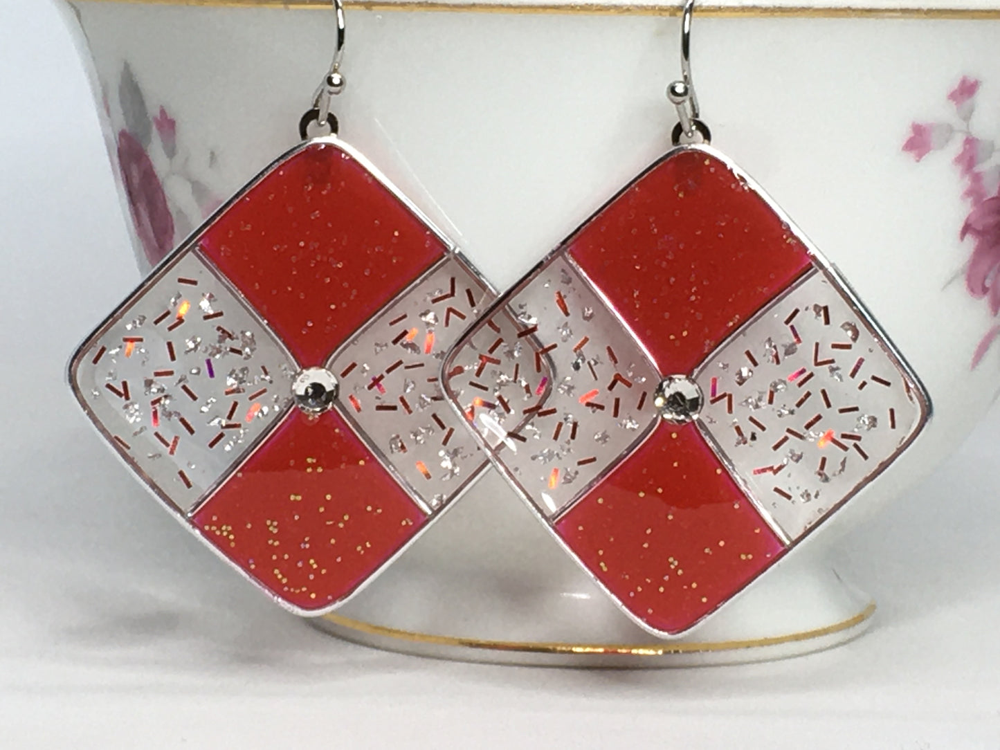 Red and silver resin earrings