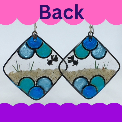 Goldfish earrings, blue, teal, and mint