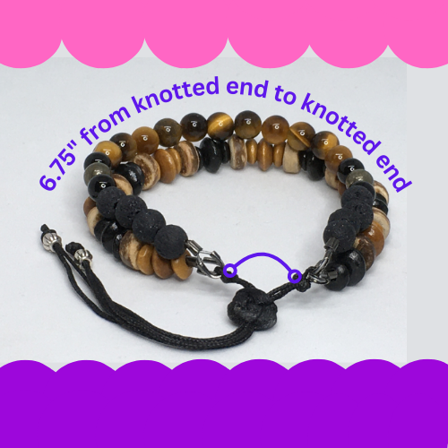 6.75" to 7.25" Tiger's Eye, Black Onyx, Pyrite, Lava and Wood Men's Bracelet