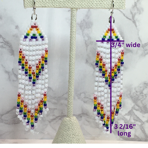 Beaded Earrings with fringe in white and Rainbow colors