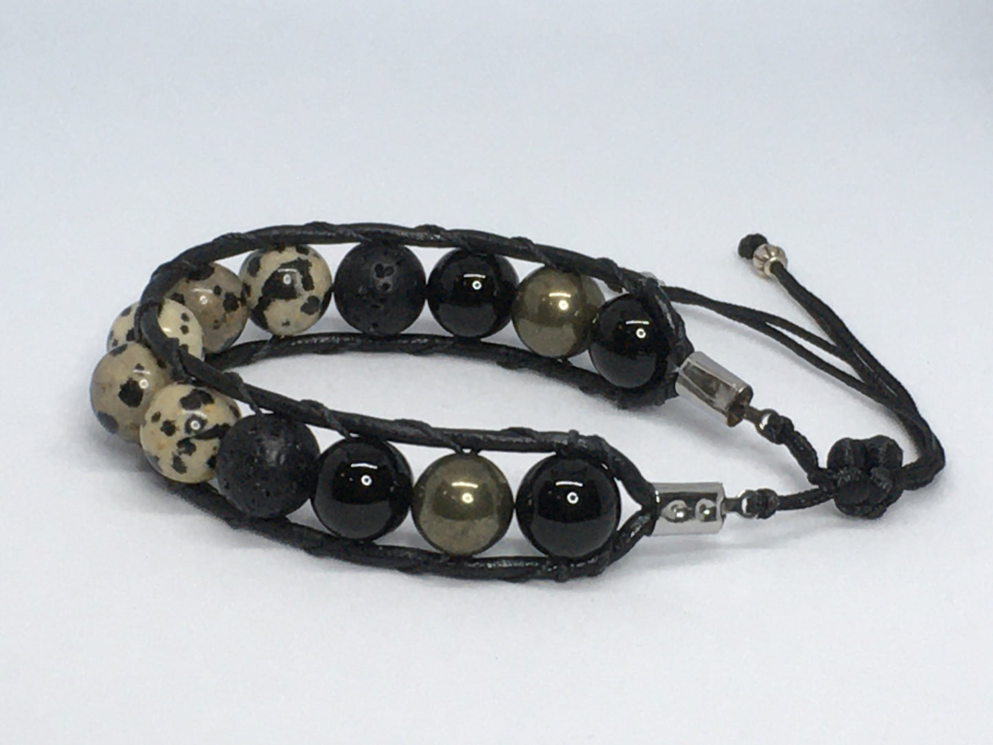 6.5" Dalmation Stone, Onyx, Pyrite and Lava Men's Bracelet