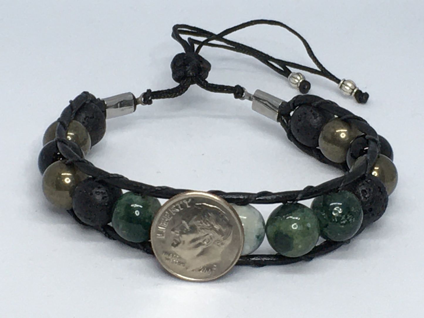 7.25" to 7.75" India Agate, Black Agate, Pyrite and Lava Men's Bracelet