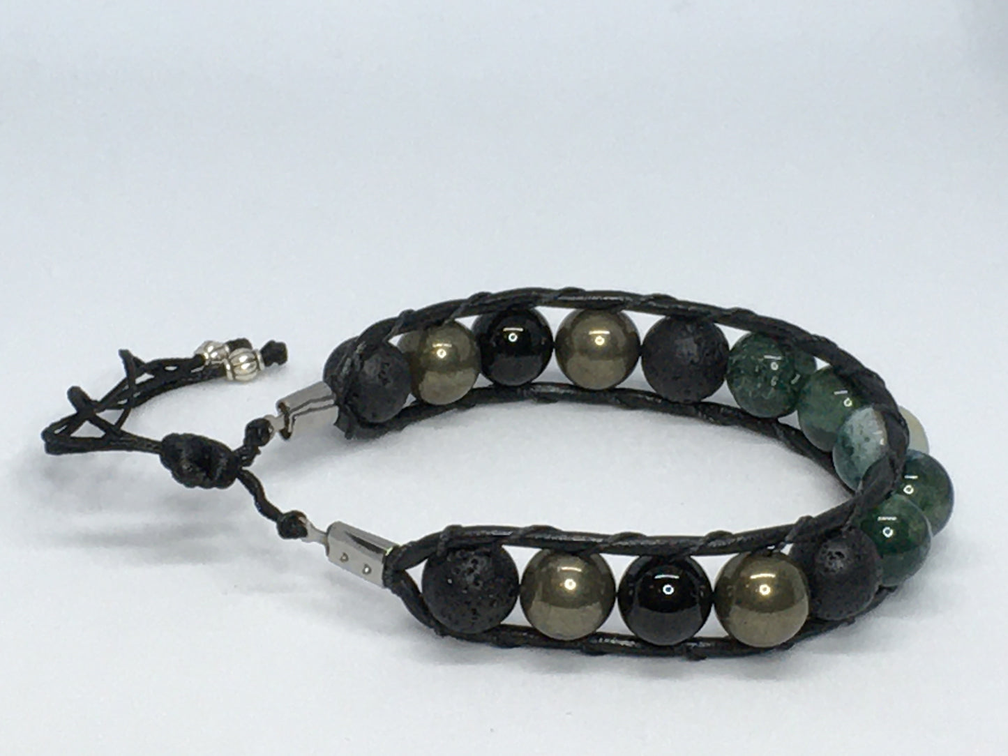 7.25" to 7.75" India Agate, Black Agate, Pyrite and Lava Men's Bracelet