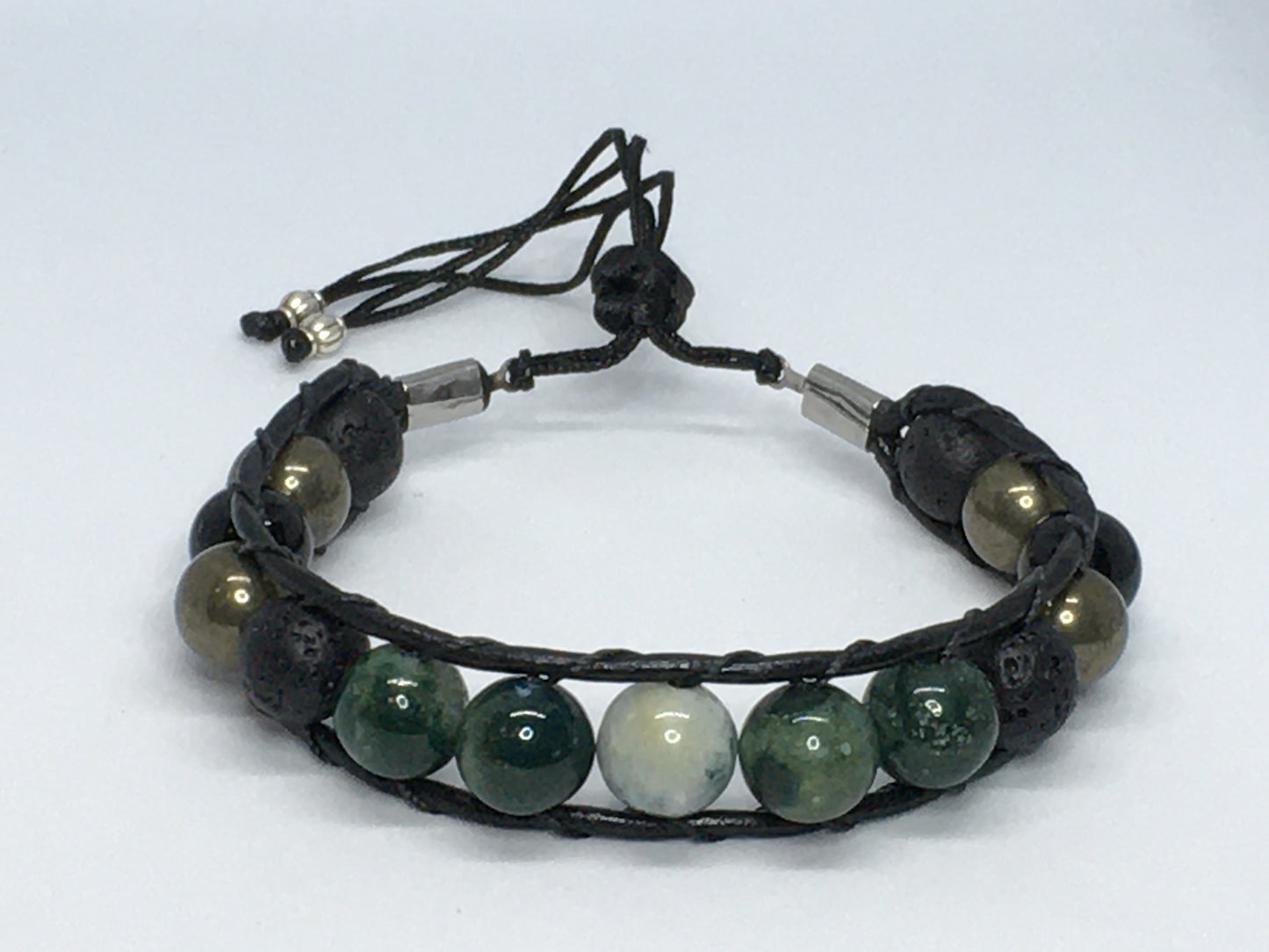 7.25" to 7.75" India Agate, Black Agate, Pyrite and Lava Men's Bracelet