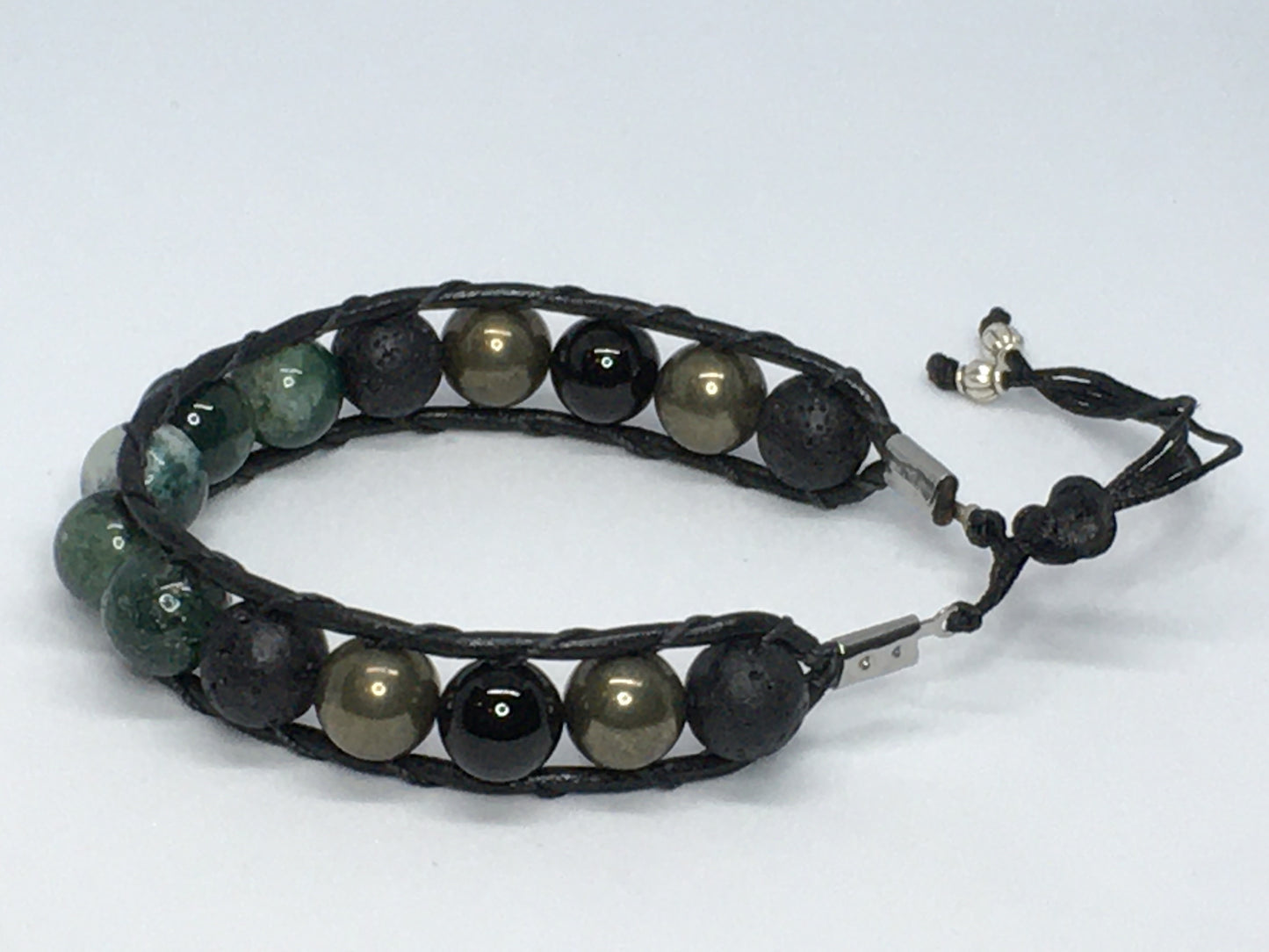 7.25" to 7.75" India Agate, Black Agate, Pyrite and Lava Men's Bracelet