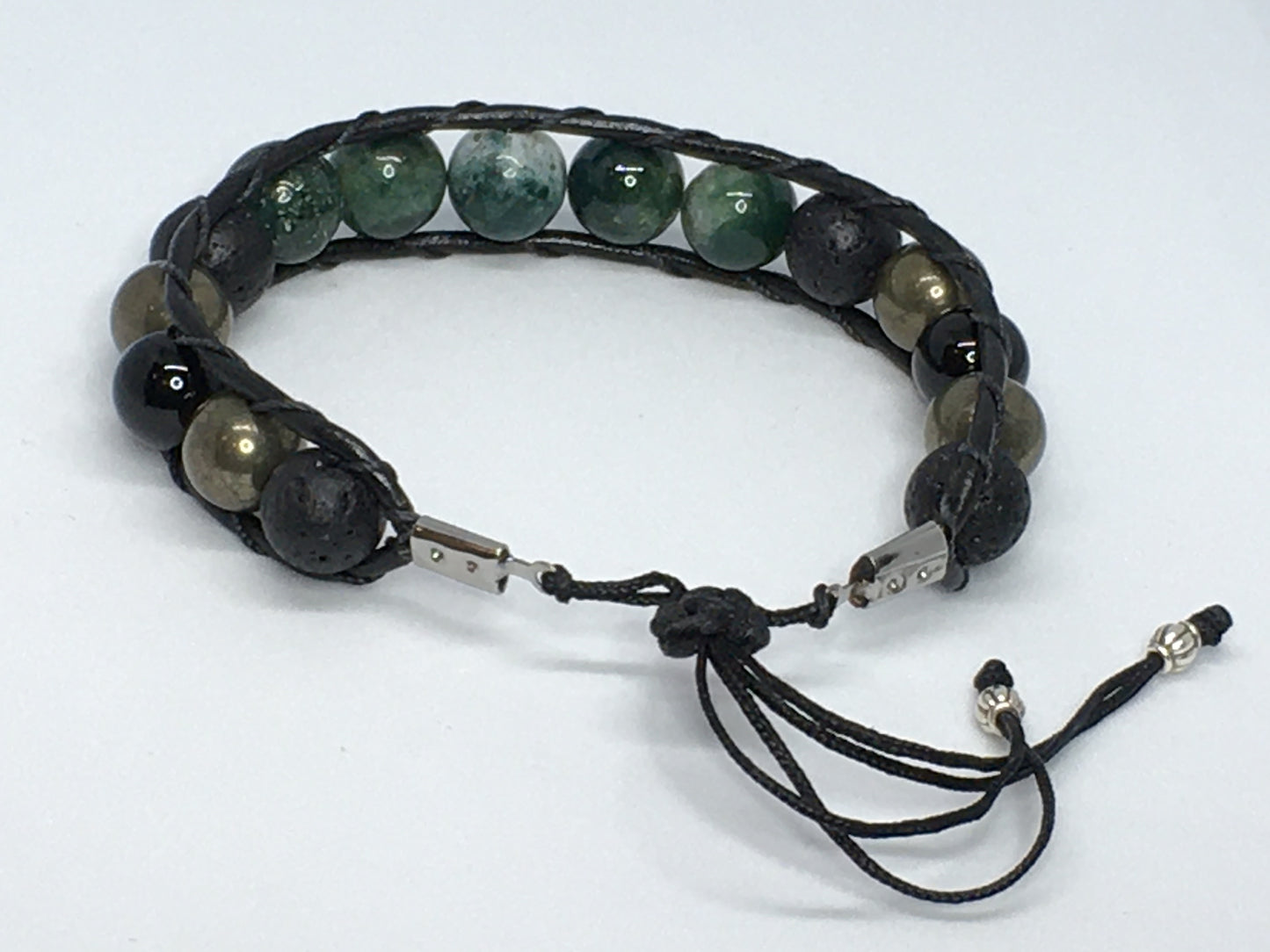 7.25" to 7.75" India Agate, Black Agate, Pyrite and Lava Men's Bracelet