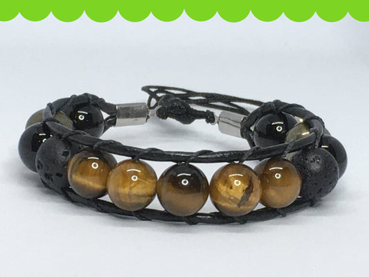 6.5" Tiger's Eye, Onyx, Pyrite and Lava Men's Bracelet