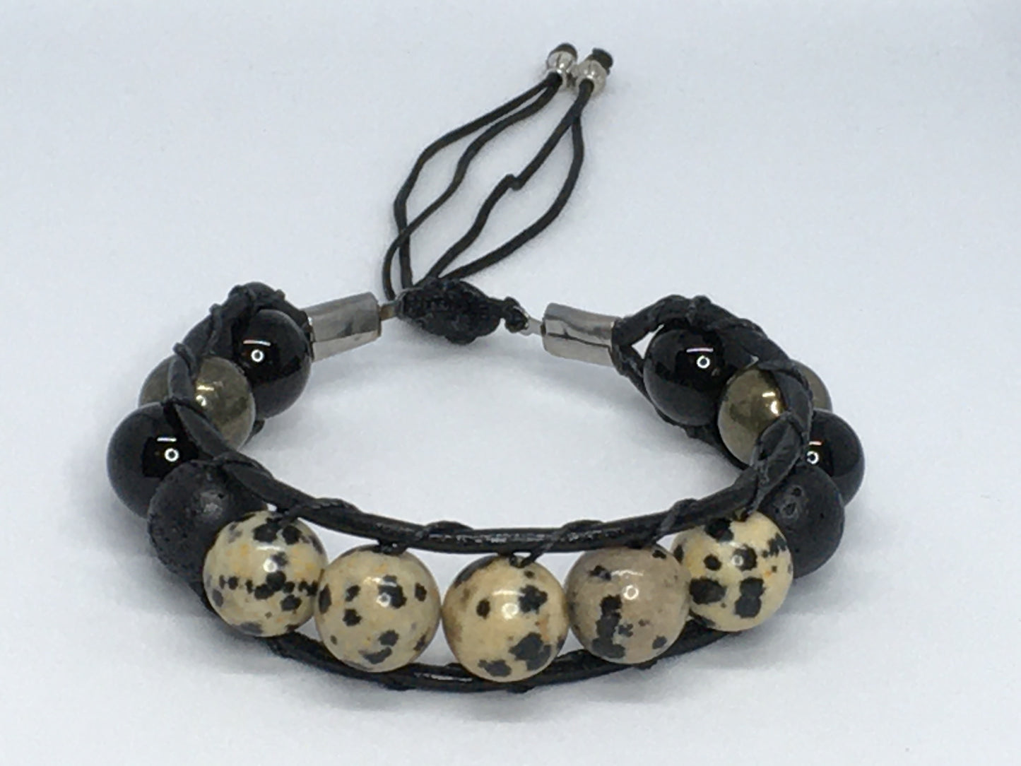 6.5" Dalmation Stone, Onyx, Pyrite and Lava Men's Bracelet