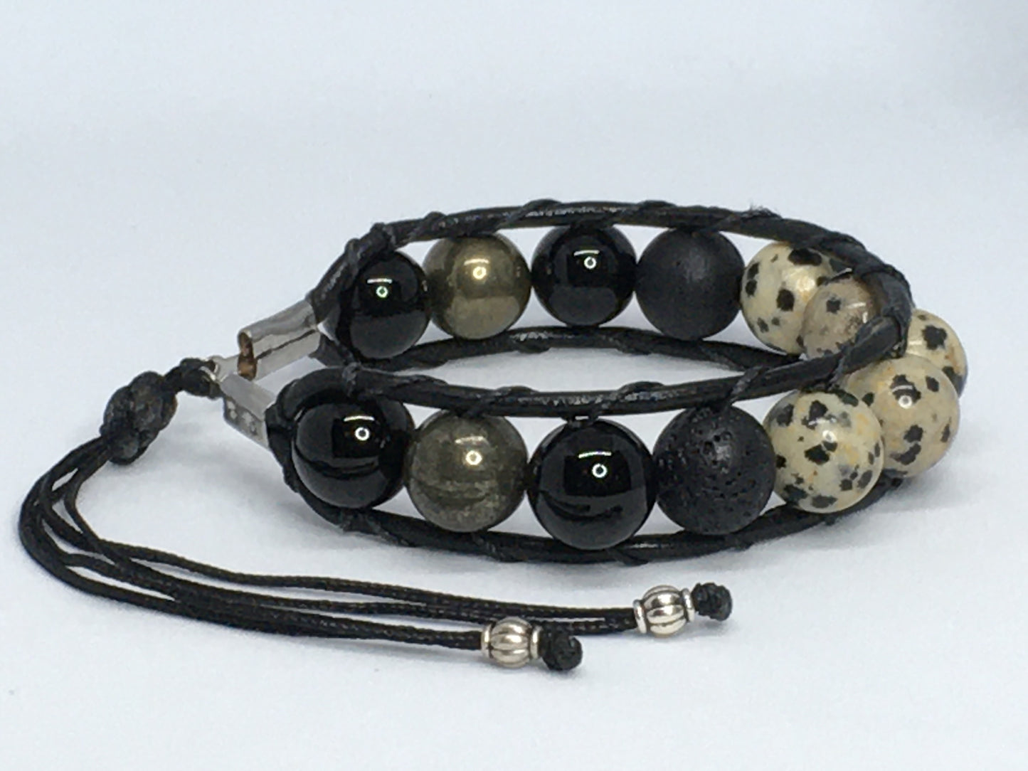 6.5" Dalmation Stone, Onyx, Pyrite and Lava Men's Bracelet