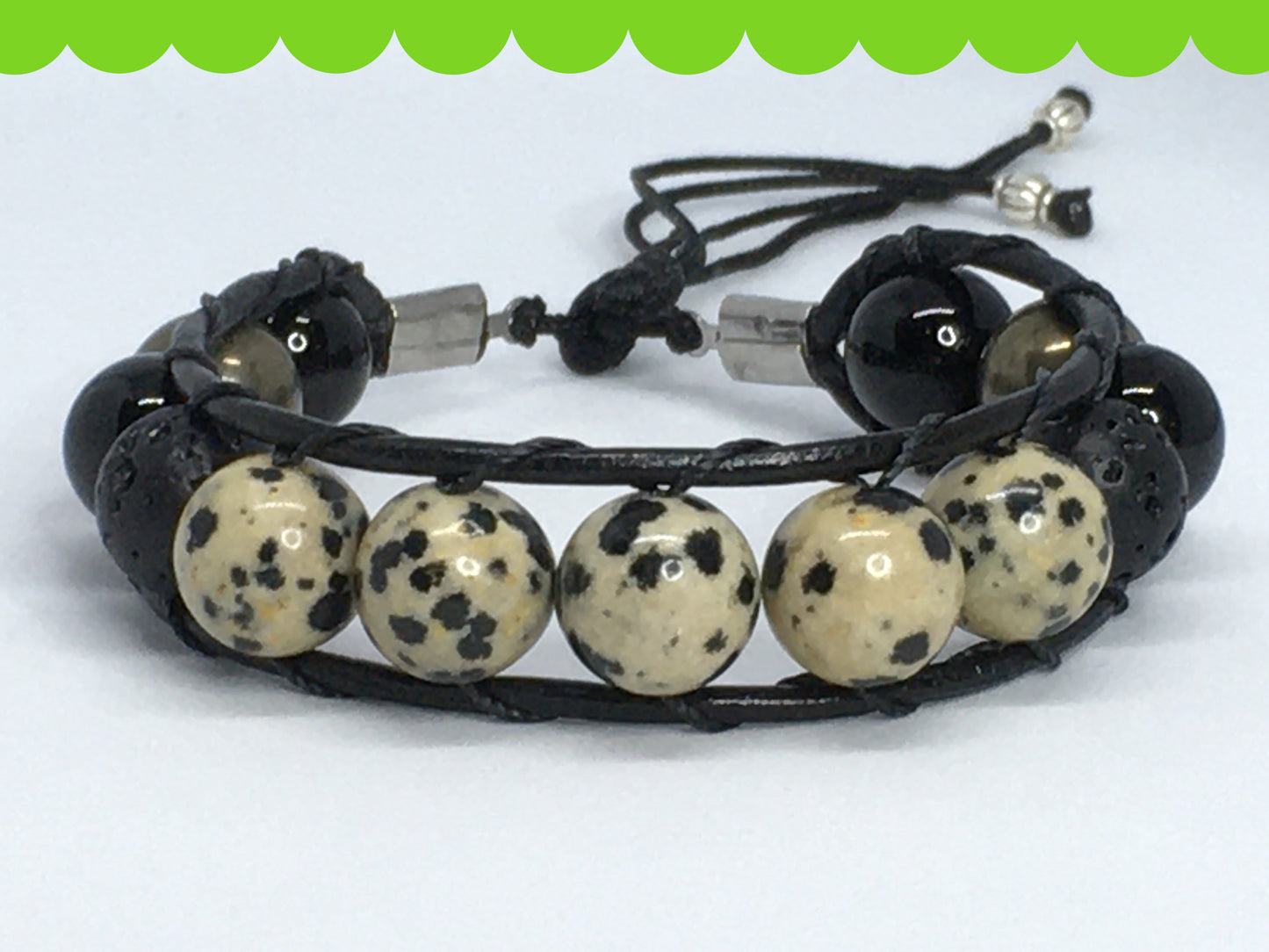 6.5" Dalmation Stone, Onyx, Pyrite and Lava Men's Bracelet