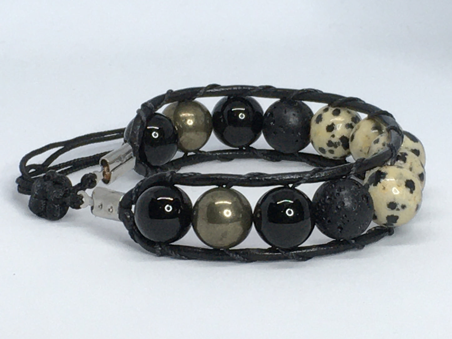 6.5" Dalmation Stone, Onyx, Pyrite and Lava Men's Bracelet