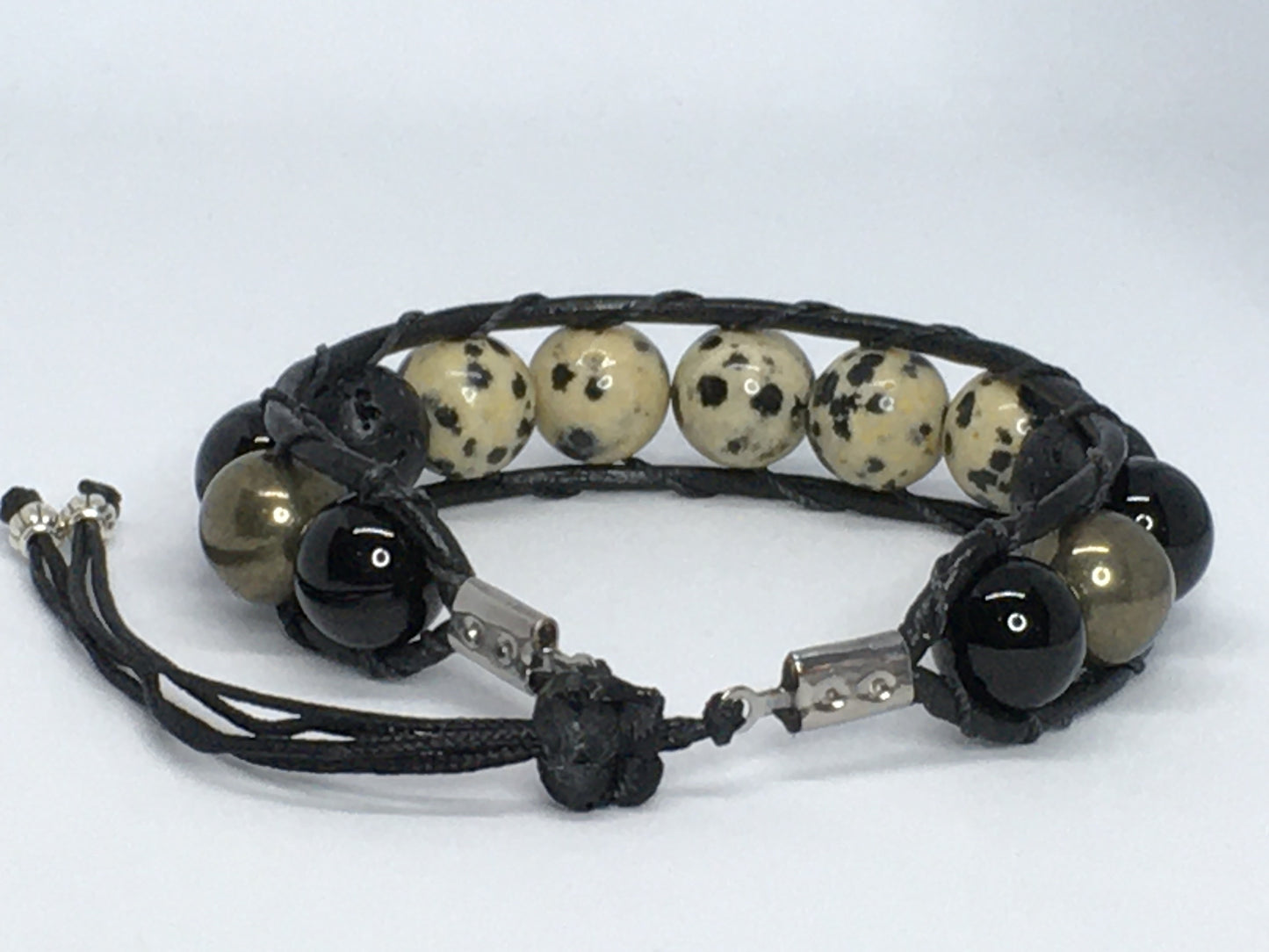 6.5" Dalmation Stone, Onyx, Pyrite and Lava Men's Bracelet