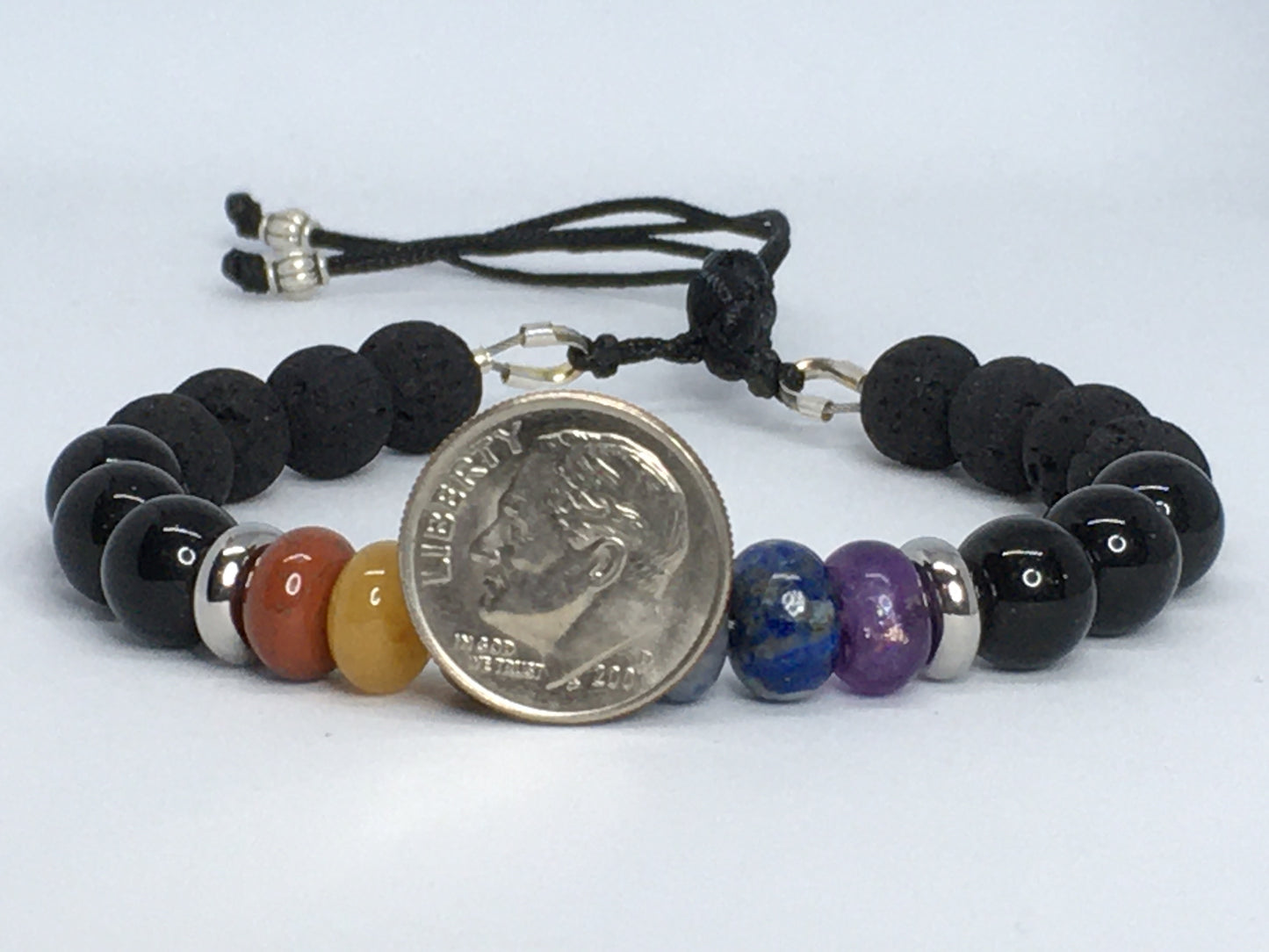 7" Chakra Gemstones, Lava and Obsidian Women's Bracelet