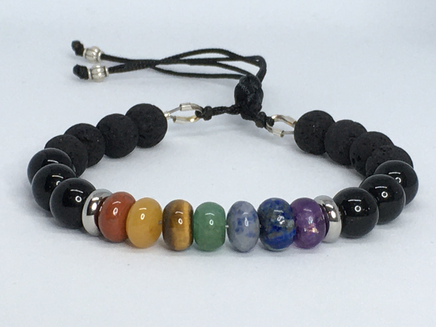 7" Chakra Gemstones, Lava and Obsidian Women's Bracelet