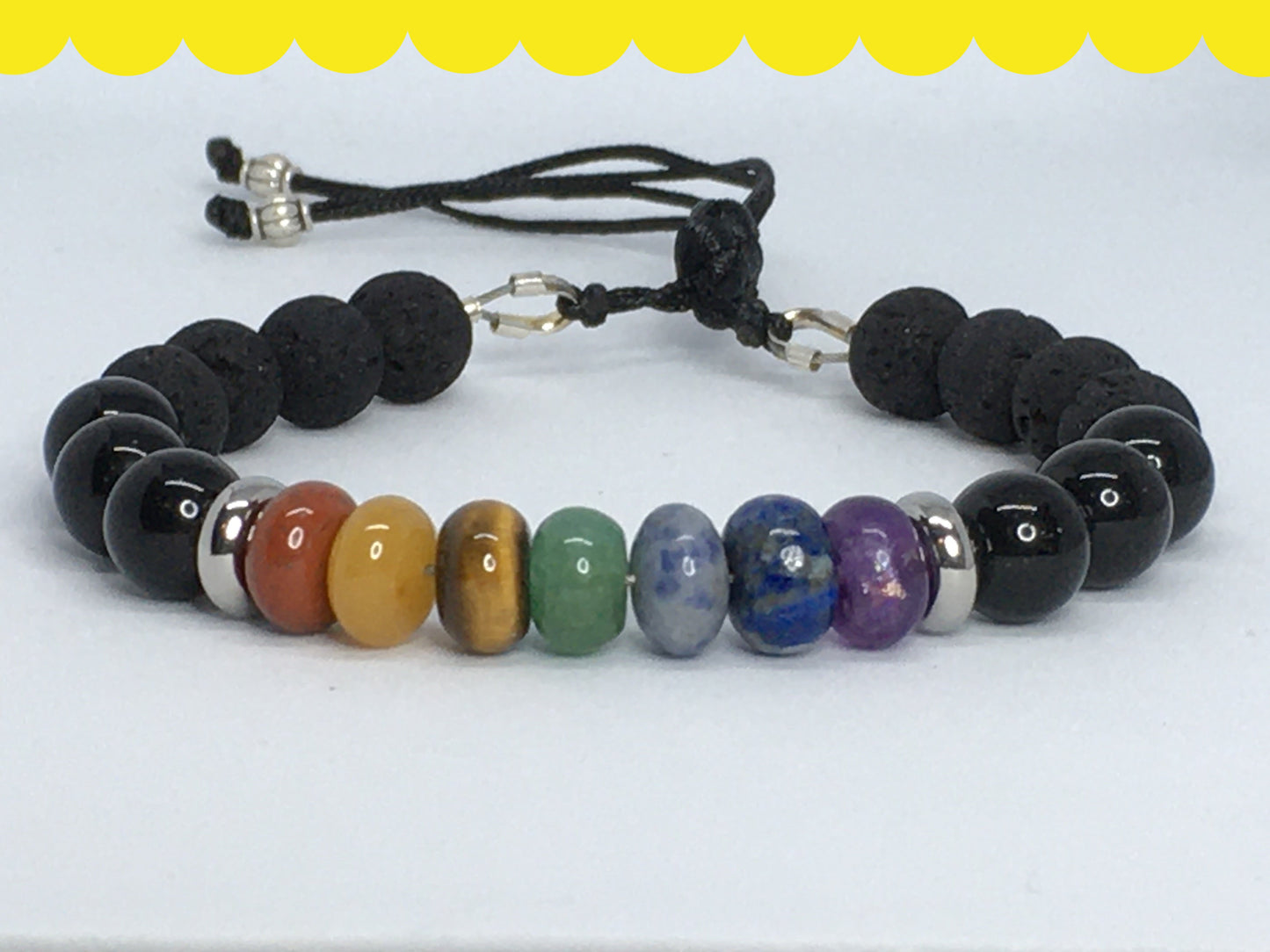 7" Chakra Gemstones, Lava and Obsidian Women's Bracelet