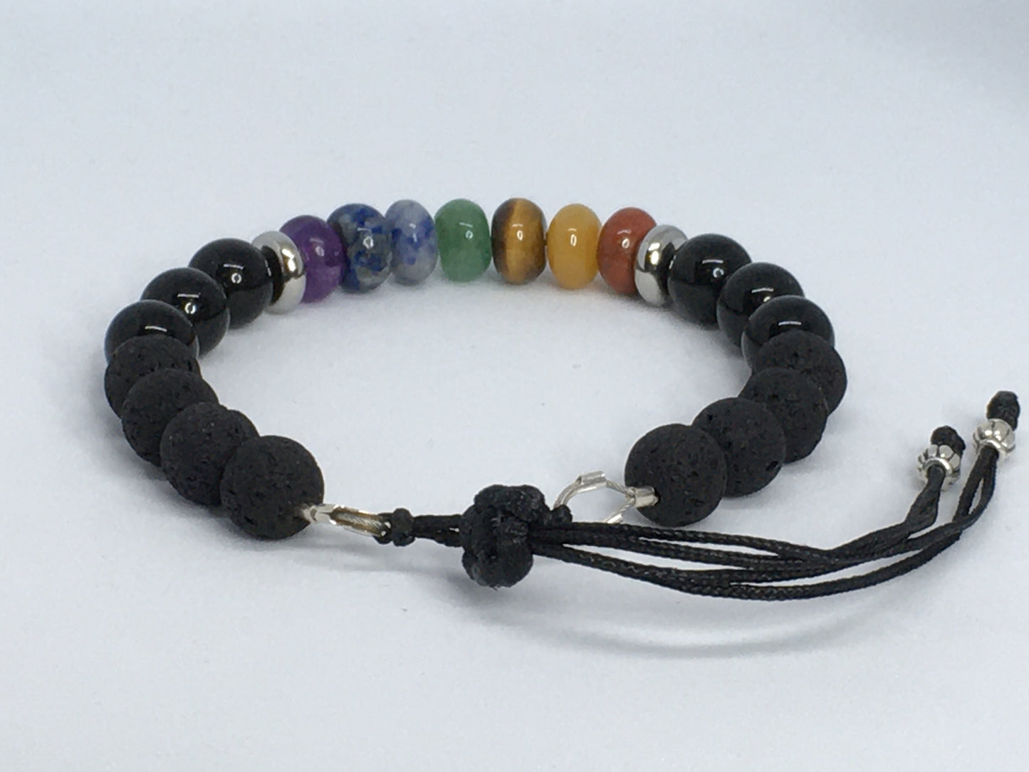 7" Chakra Gemstones, Lava and Obsidian Women's Bracelet