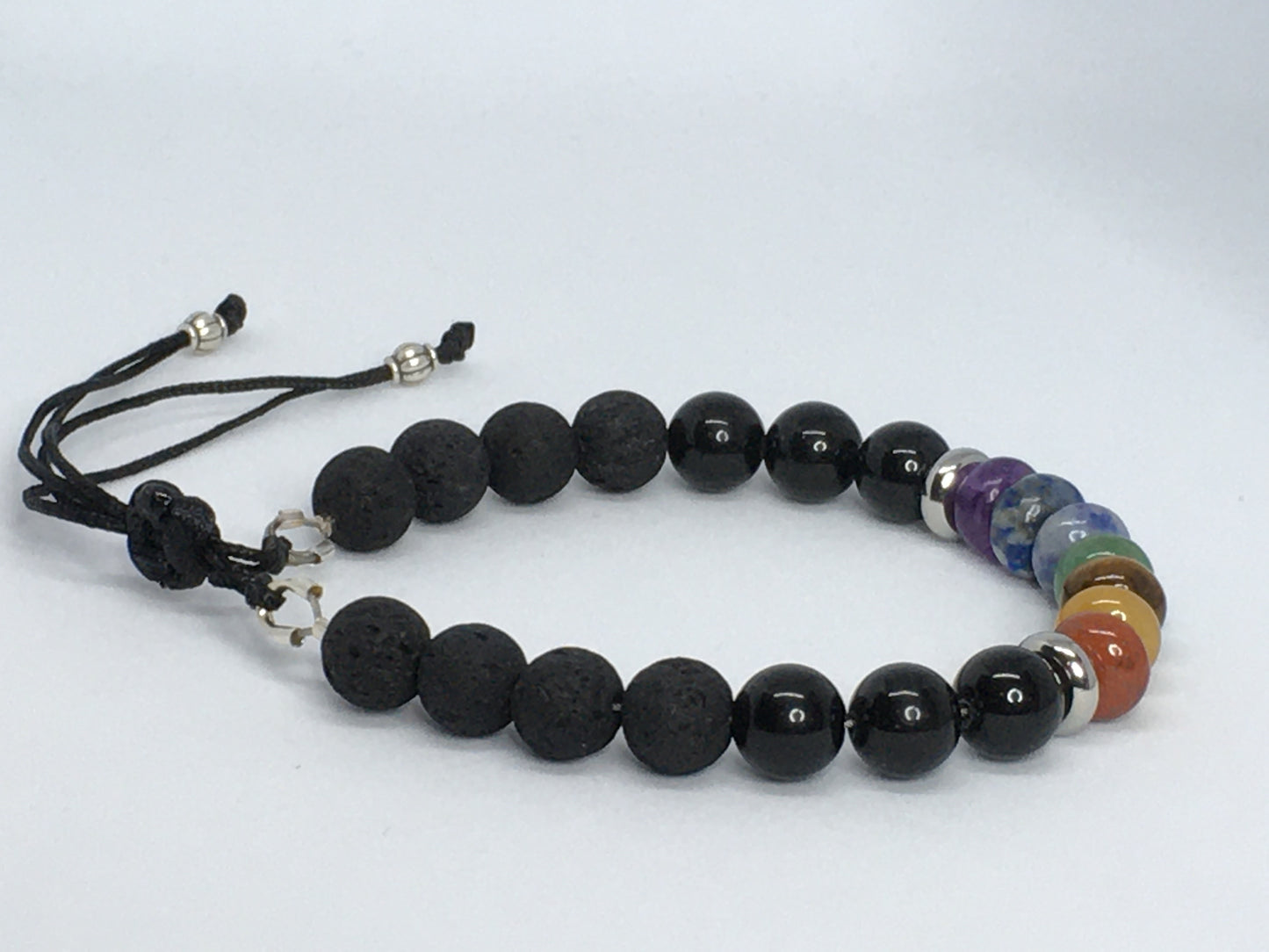 7" Chakra Gemstones, Lava and Obsidian Women's Bracelet