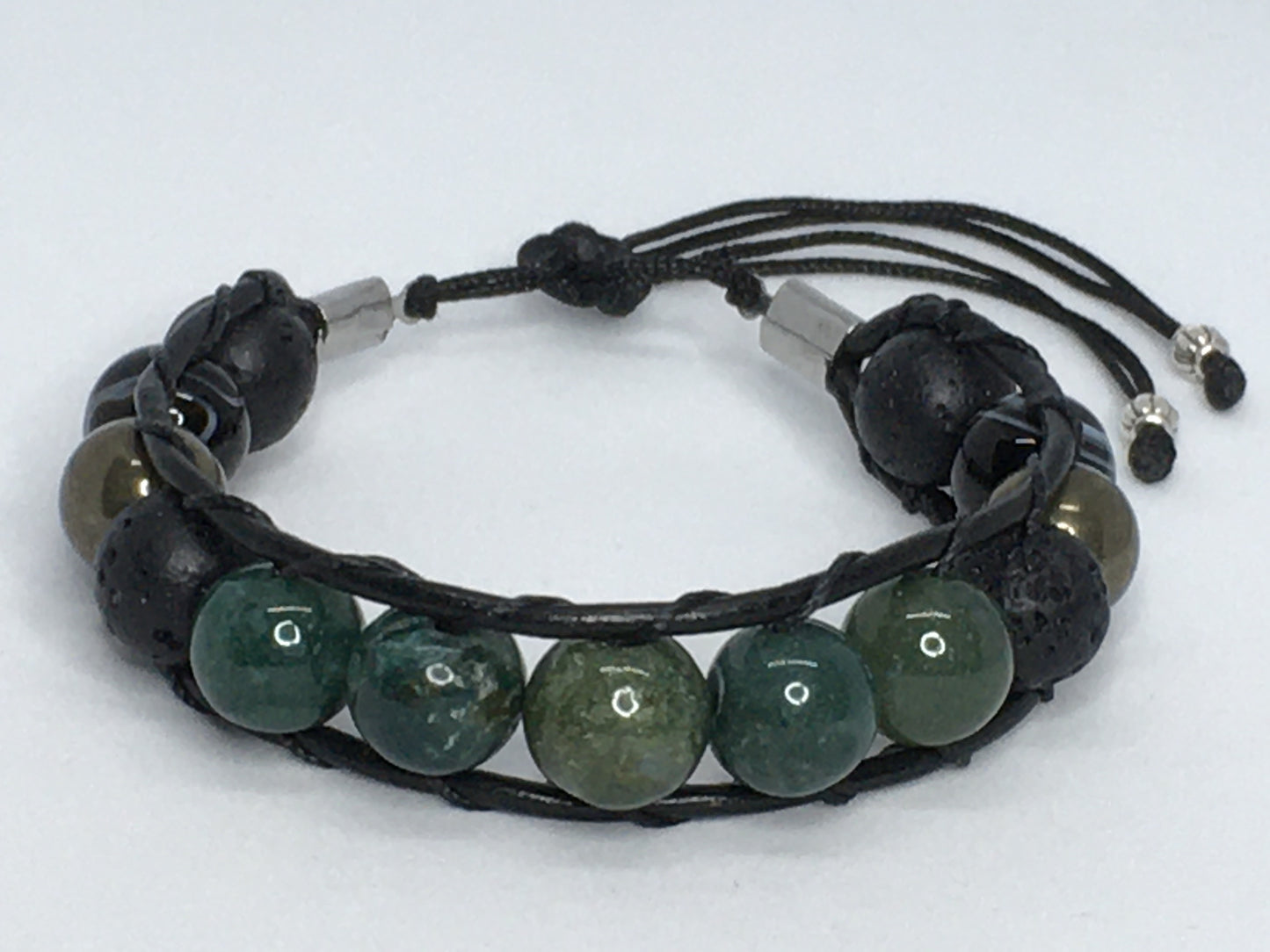 6.5" India Agate, Black Agate, Pyrite and Lava Men's Bracelet