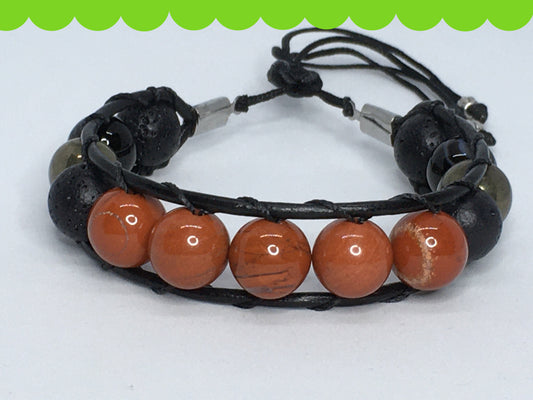 6.5" Red Jasper, Black Agate, Pyrite and Lava Men's Bracelet