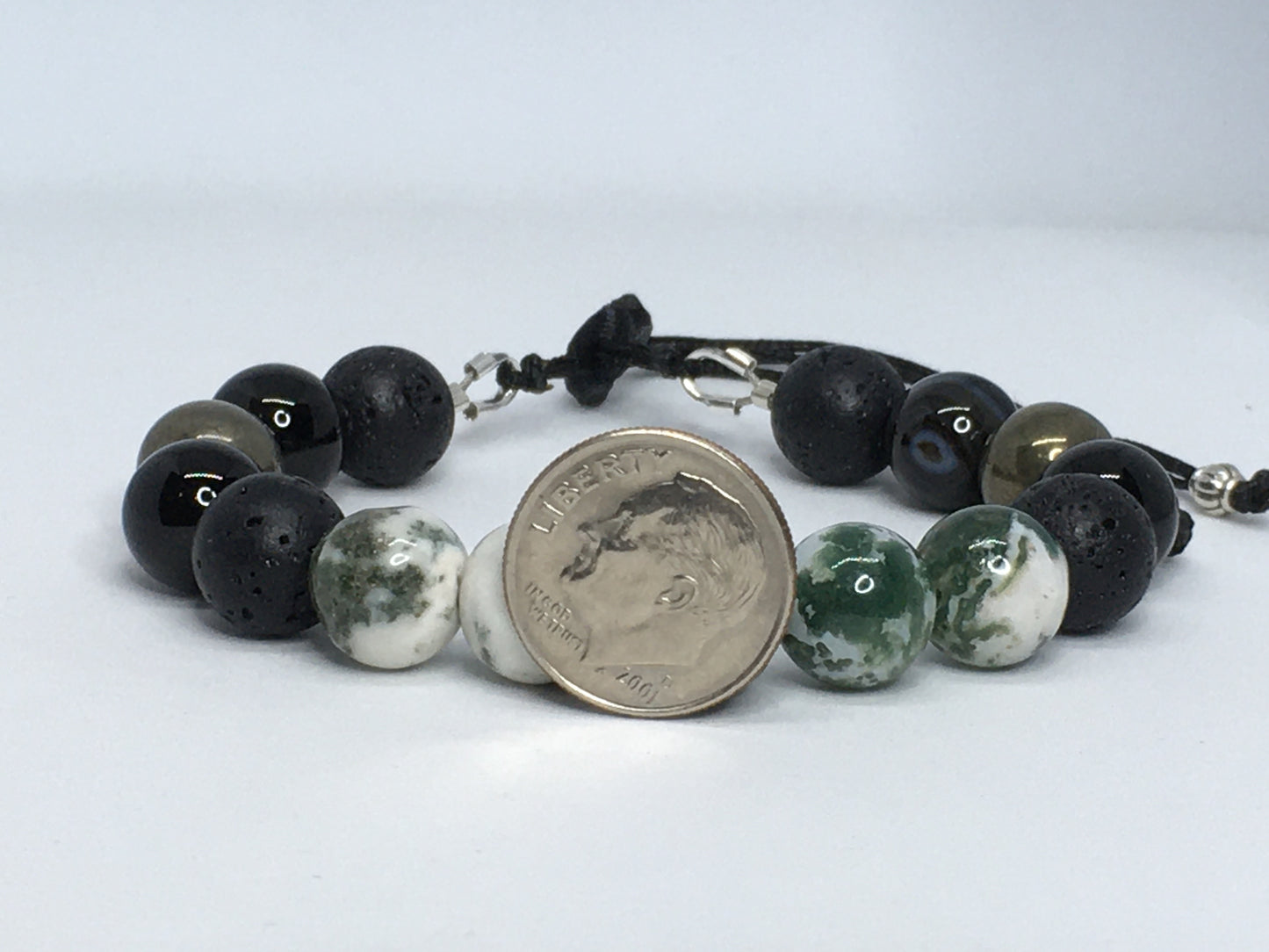 6.75" Tree Agate, Black Agate, Pyrite and Lava Men's Bracelet