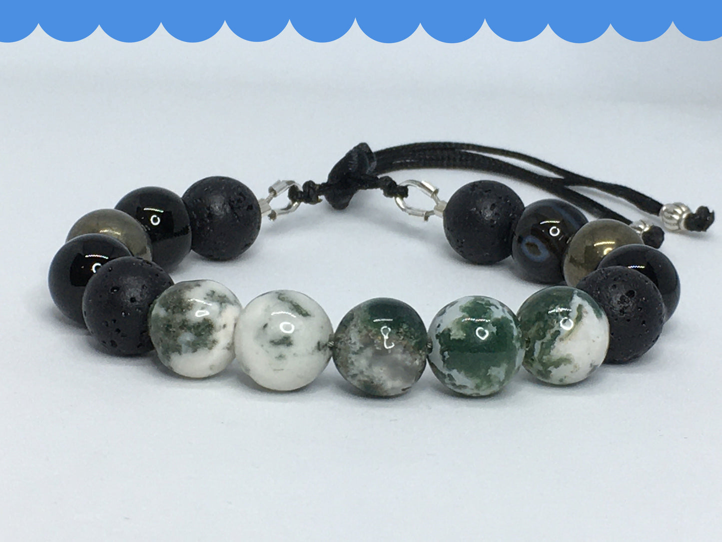 6.75" Tree Agate, Black Agate, Pyrite and Lava Men's Bracelet