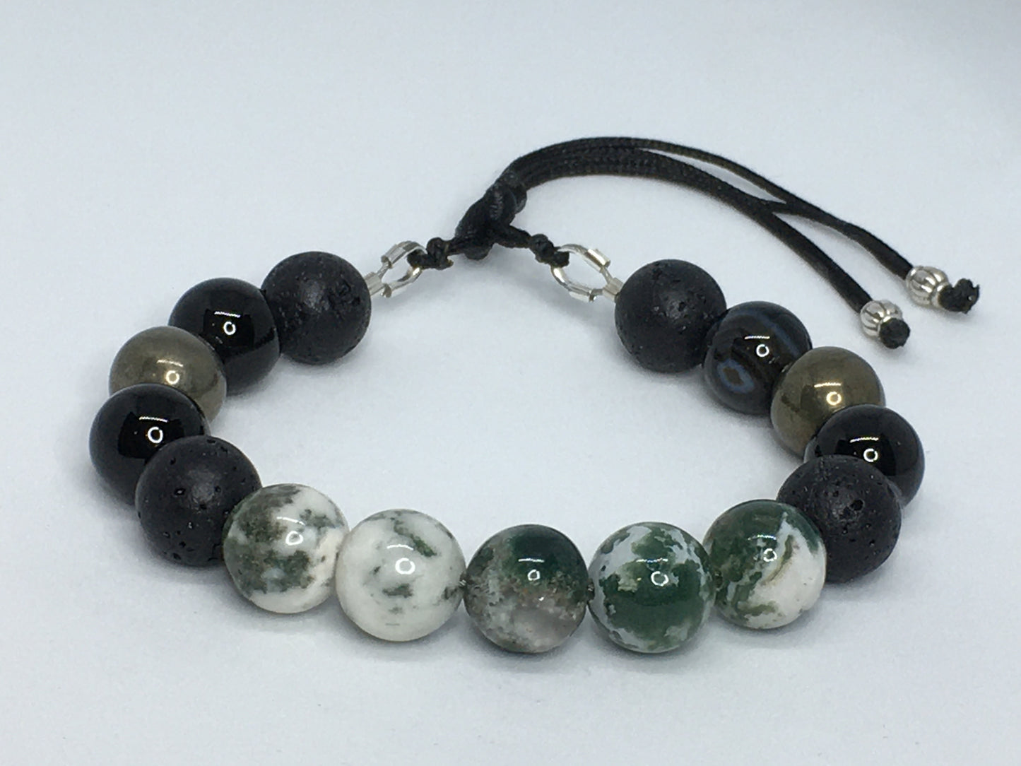 6.75" Tree Agate, Black Agate, Pyrite and Lava Men's Bracelet