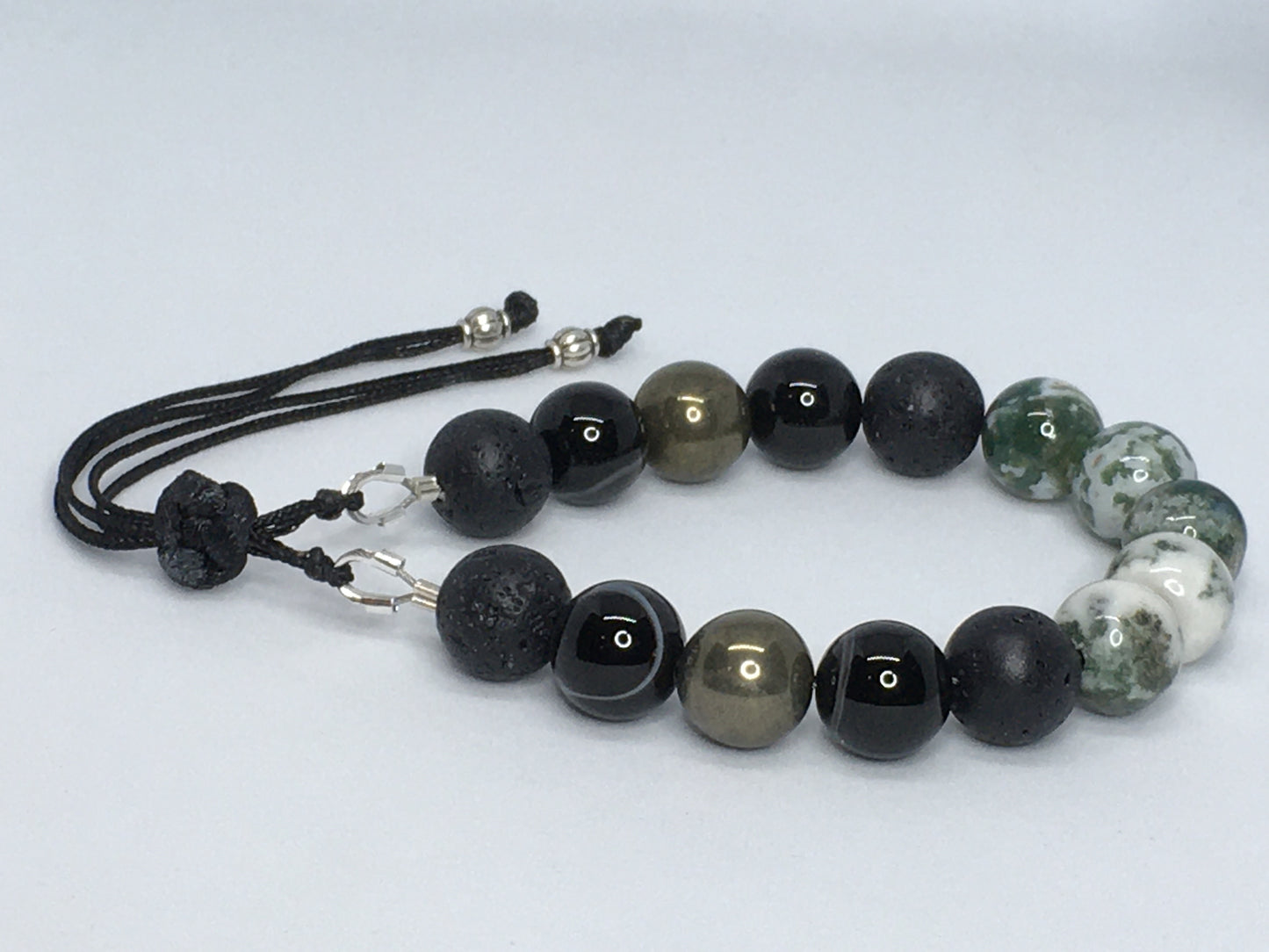 6.75" Tree Agate, Black Agate, Pyrite and Lava Men's Bracelet