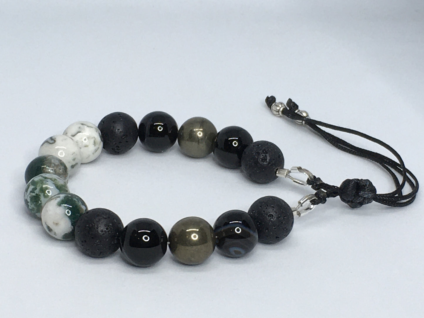 6.75" Tree Agate, Black Agate, Pyrite and Lava Men's Bracelet