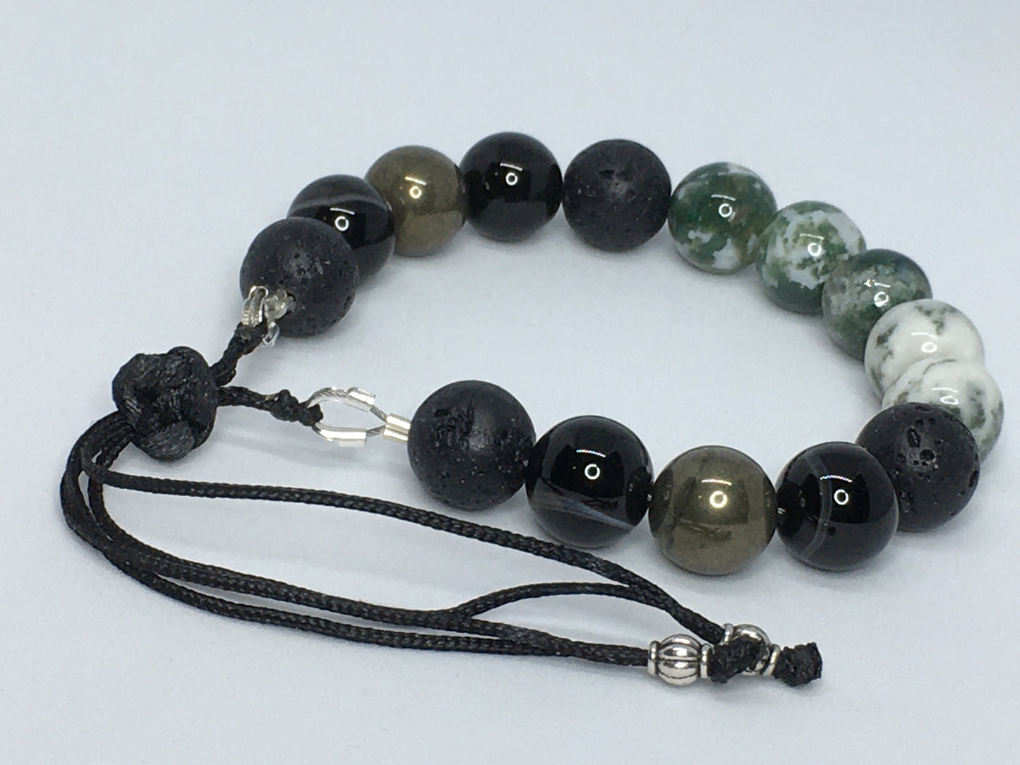 6.75" Tree Agate, Black Agate, Pyrite and Lava Men's Bracelet