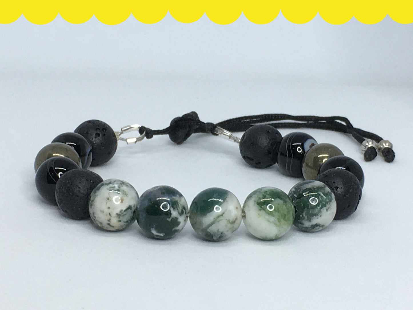 7" Tree Agate, Black Agate, Pyrite and Lava Men's Bracelet