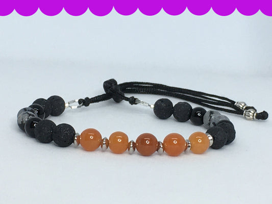 6.25" to 6.75" Red Orange Aventurine, Black Onyx, Obsidian, Snowflake Obsidian and Lava Women's Bracelet