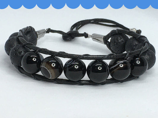 6.75" Black Agate and Lava Men's Bracelet