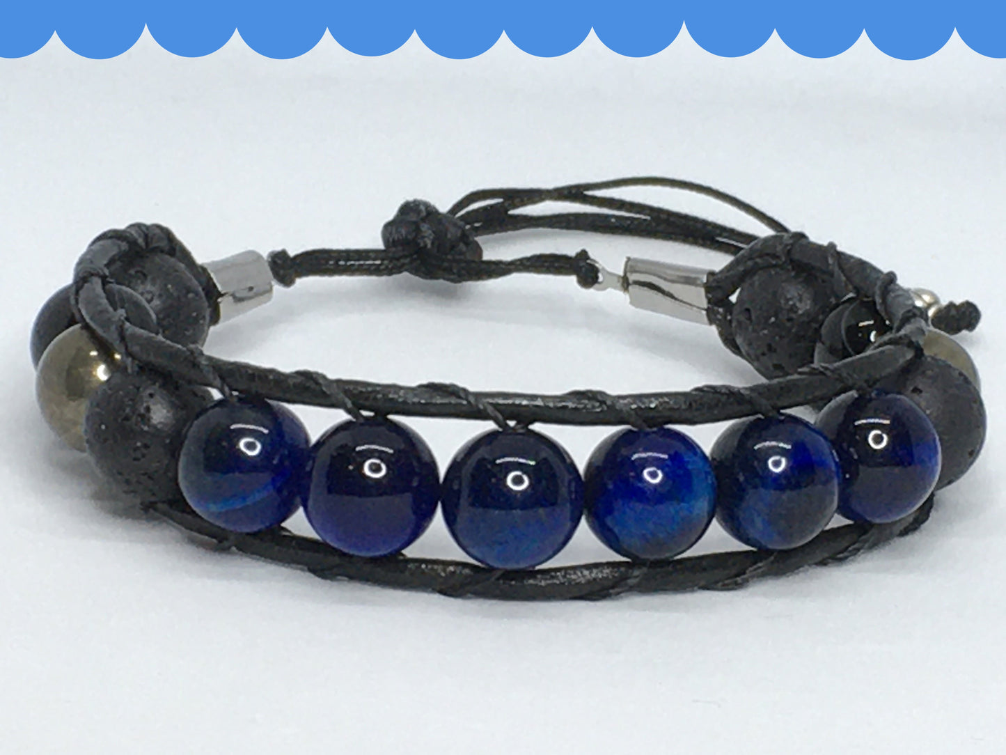 6.75" Blue Tiger's Eye, Black Agate, Pyrite and Lava Men's Bracelet