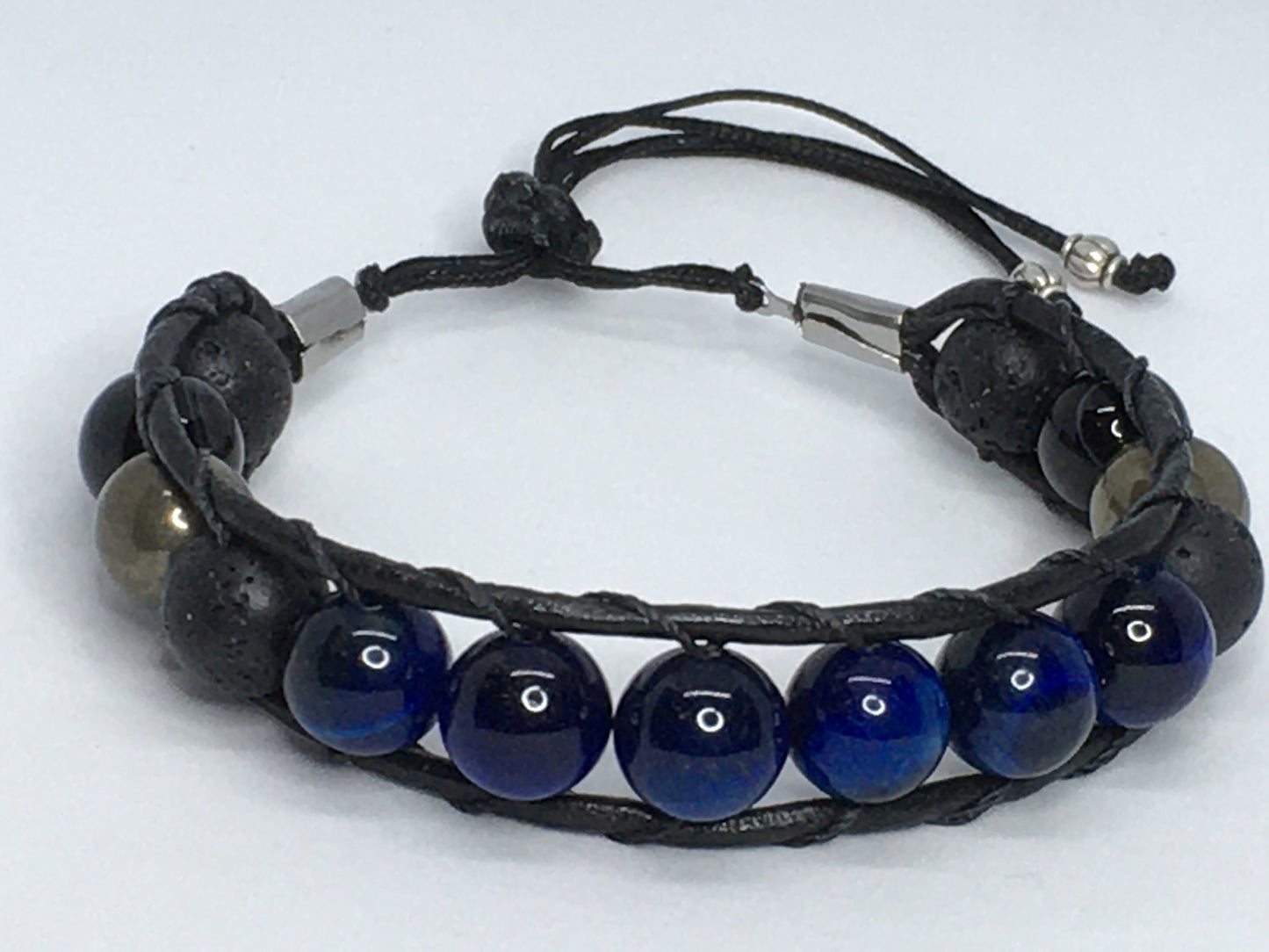 6.75" Blue Tiger's Eye, Black Agate, Pyrite and Lava Men's Bracelet