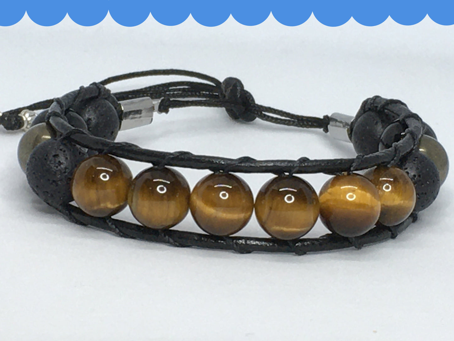 6.75" Tiger's Eye, Black Agate, Pyrite and Lava Men's Bracelet