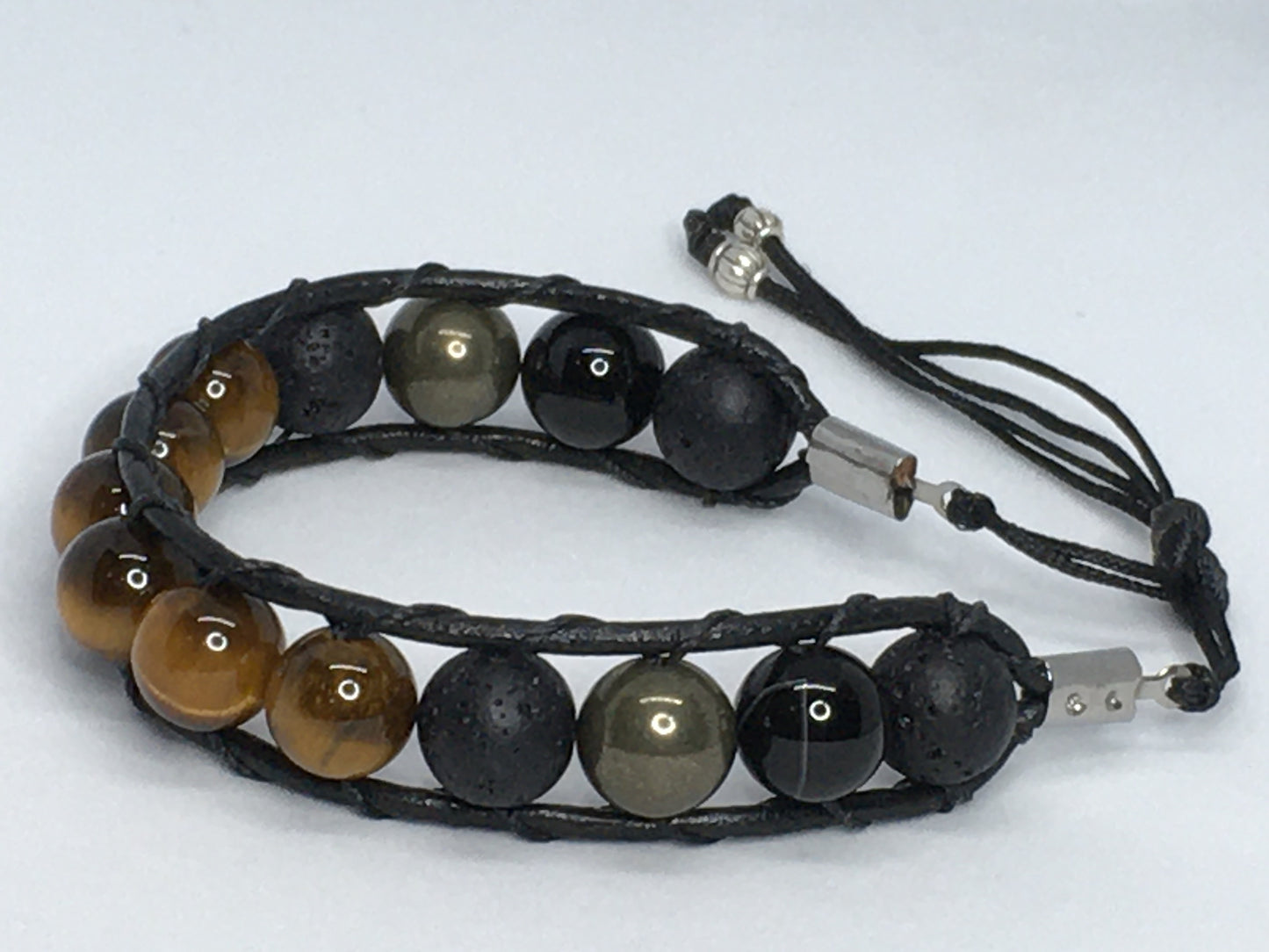 6.75" Tiger's Eye, Black Agate, Pyrite and Lava Men's Bracelet