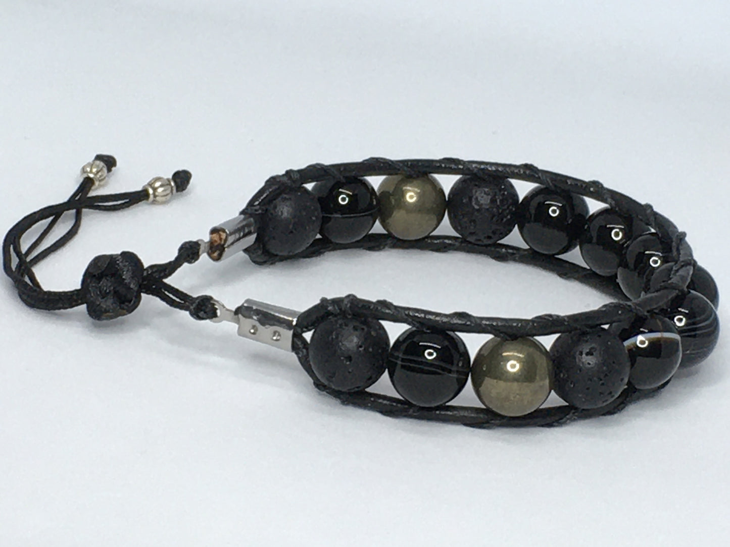 6.75" Black Agate, Pyrite and Lava Men's Bracelet