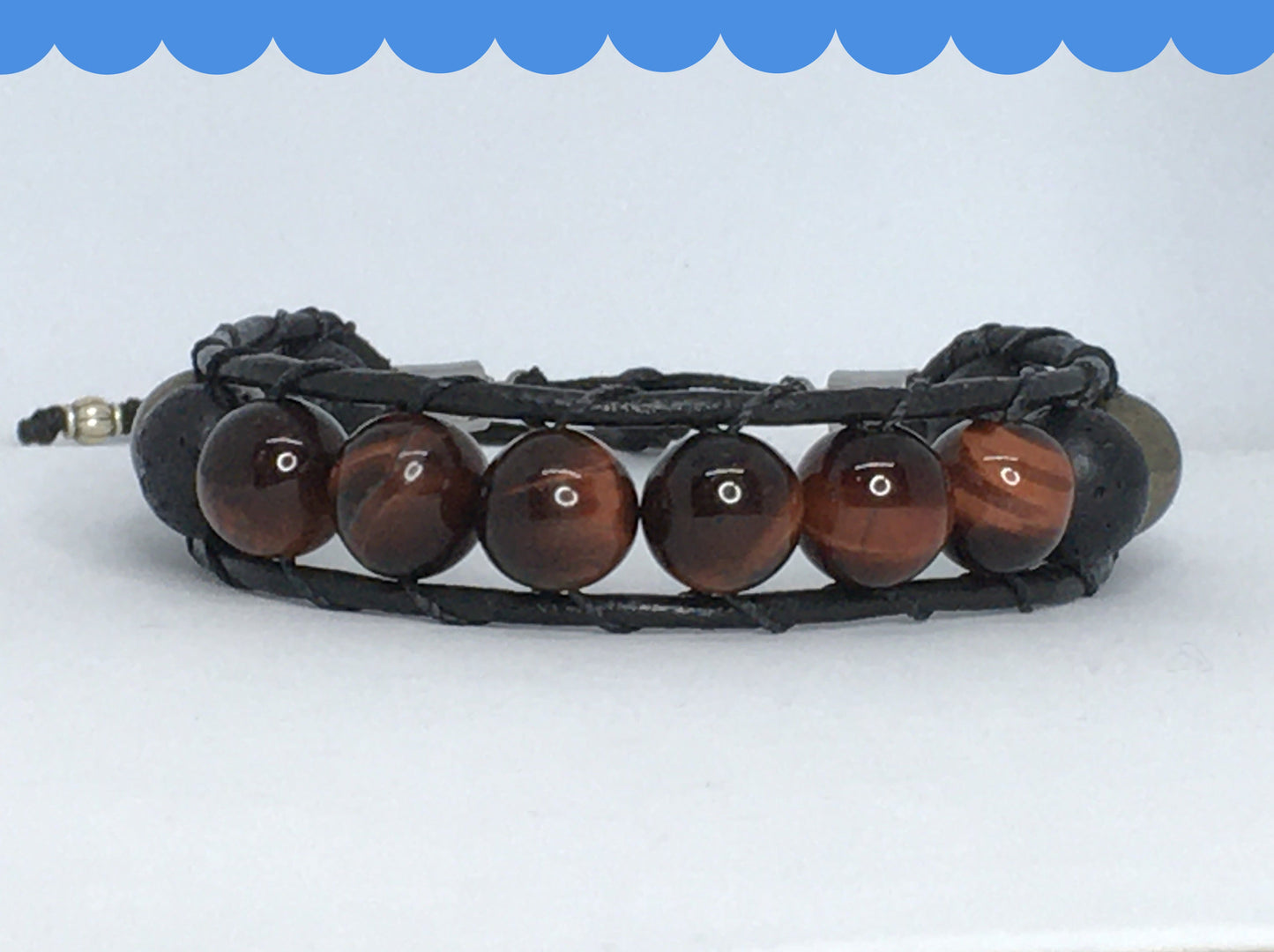 6.75" Red Tiger's Eye, Onyx, Pyrite and Lava Men's Bracelet