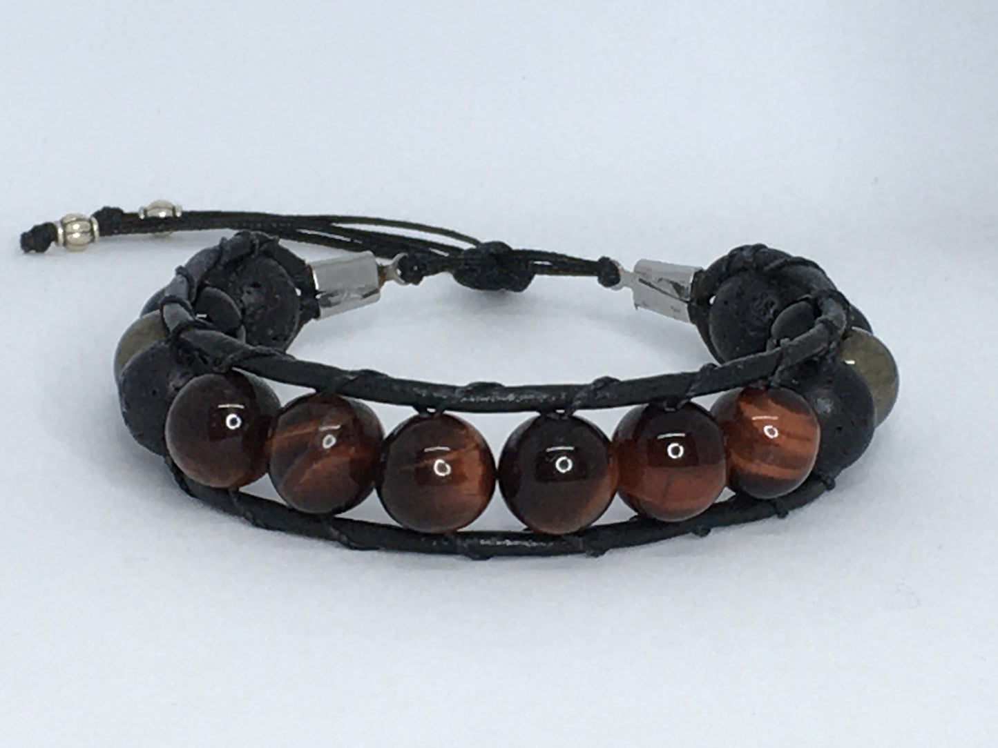 6.75" Red Tiger's Eye, Onyx, Pyrite and Lava Men's Bracelet