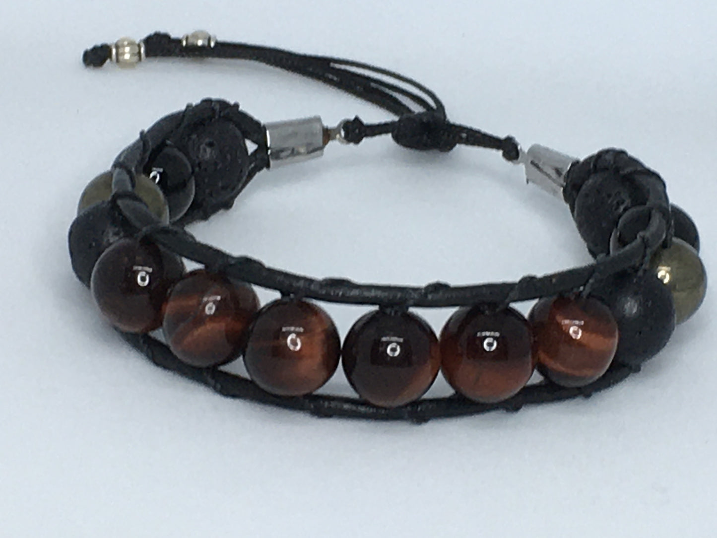 6.75" Red Tiger's Eye, Onyx, Pyrite and Lava Men's Bracelet