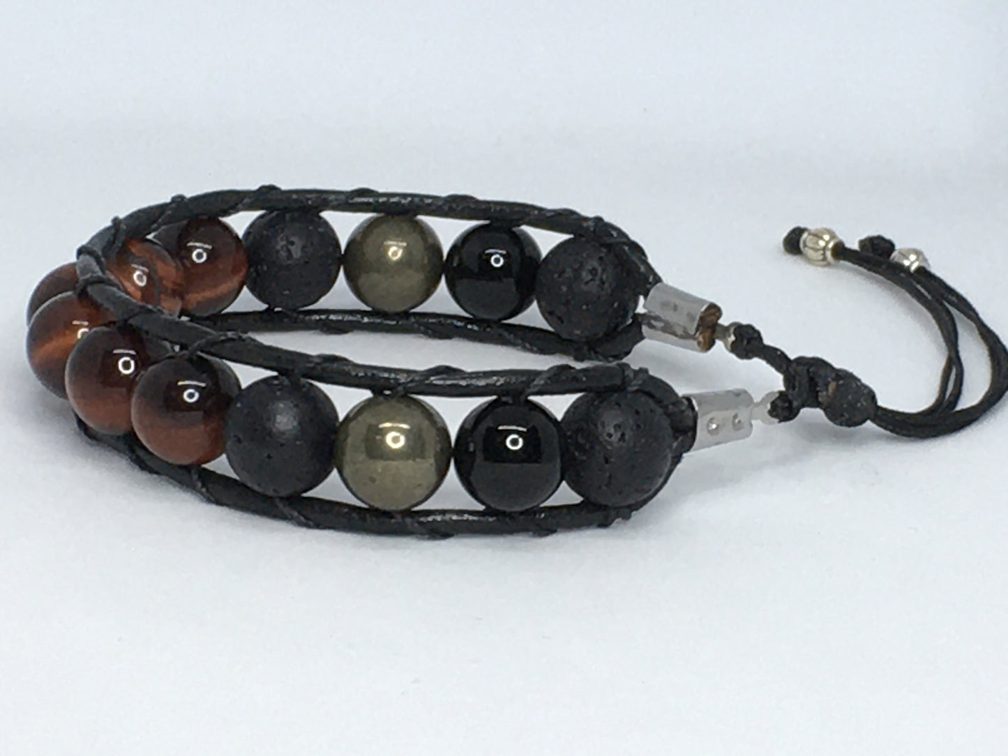 6.75" Red Tiger's Eye, Onyx, Pyrite and Lava Men's Bracelet